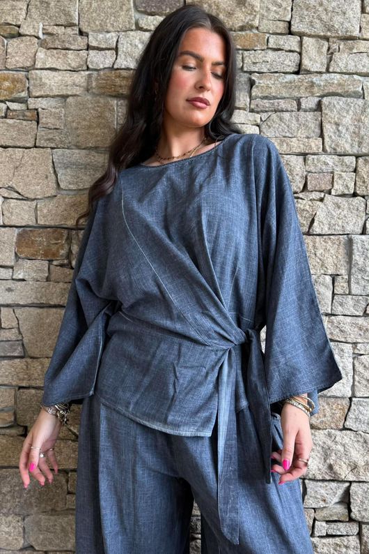 Lindin Linen Blend Kimono Top Washed Navy
